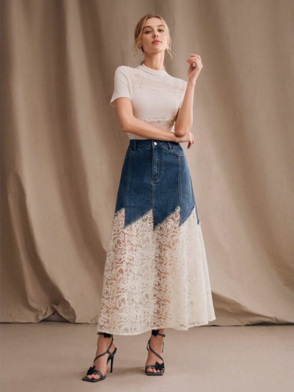 Elegant Effortlessly Chic Glitter Lace Mermaid Maxi Skirt
